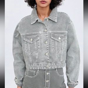 Zara jacket Denim Houndstooth Pattern XS like New